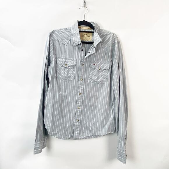 Hollister XL Mens Gray White Pinstrope Chambray Pearl Snap Button Up Shirt - Picture 1 of 8